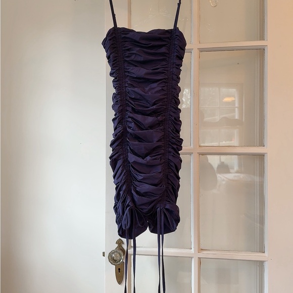 Tiger Mist Navy Purple Ruched Mini Dress with Bow Ties and Ribbons size XS - Picture 3 of 6